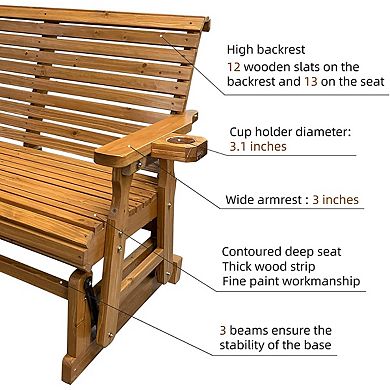 Wooden Patio Glider With Cup Holders, High Roll Back And Deep Contoured Seat, 2-seater