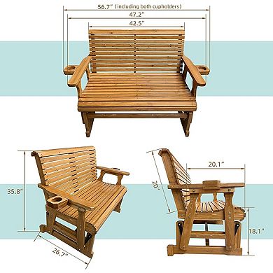 Wooden Patio Glider With Cup Holders, High Roll Back And Deep Contoured Seat, 2-seater