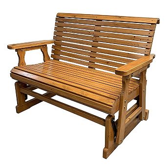 Wooden Patio Glider With High Roll Back And Deep Contoured Seat, Solid Fir Wood, 2-seater