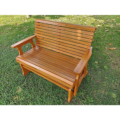 Wooden Patio Glider With High Roll Back And Deep Contoured Seat, Solid Fir Wood, 2-seater