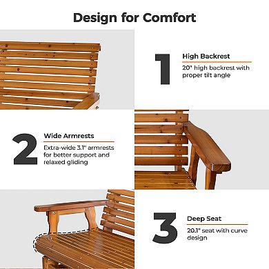Wooden Patio Glider With High Roll Back And Deep Contoured Seat, Solid Fir Wood, 2-seater
