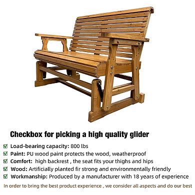 Wooden Patio Glider With High Roll Back And Deep Contoured Seat, Solid Fir Wood, 2-seater