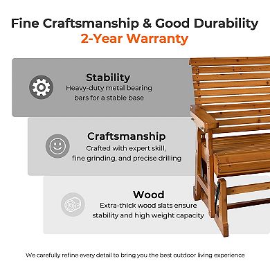 Wooden Patio Glider With High Roll Back And Deep Contoured Seat, Solid Fir Wood, 2-seater
