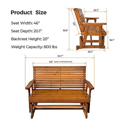 Wooden Patio Glider With High Roll Back And Deep Contoured Seat, Solid Fir Wood, 2-seater