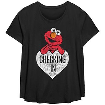Plus Size Sesame Street Elmo Checking In Scoop Hem Flow Graphic Tee