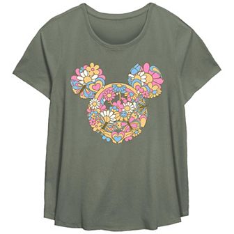 Disney's Mickey Mouse Flowers And Butterflies Head Plus Size Scoop Hem Flow Graphic Tee