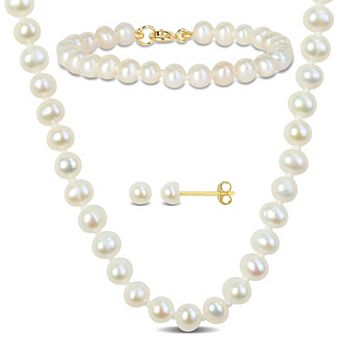 Stella Grace 10k Gold Cultured Freshwater Pearl Necklace, Bracelet & Stud Earrings 3 pc Baby Set