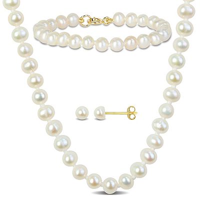 Stella Grace 10k Gold Cultured Freshwater Pearl Necklace Bracelet Stud Earrings 3 piece Baby Set