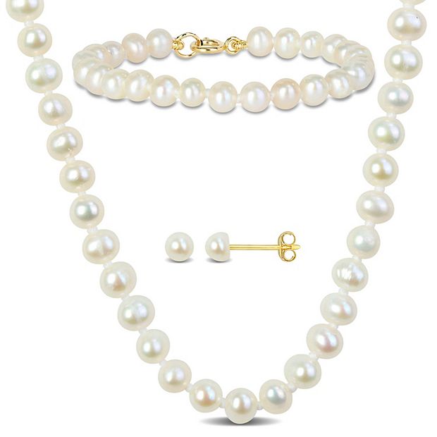 Stella Grace 10k Gold Cultured Freshwater Pearl Necklace Bracelet Stud Earrings 3 piece Baby Set