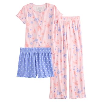 Girls 4-12 Cuddl Duds® Ribbed Short Sleeve Sleep Shirt, Sleep Pants & Sleep Shorts Set