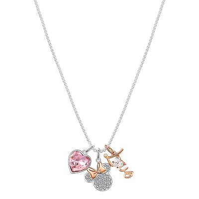Disney Fine Silver Plated Crystal Minnie Mouse Pink Heart Love Charm Pendant Necklace