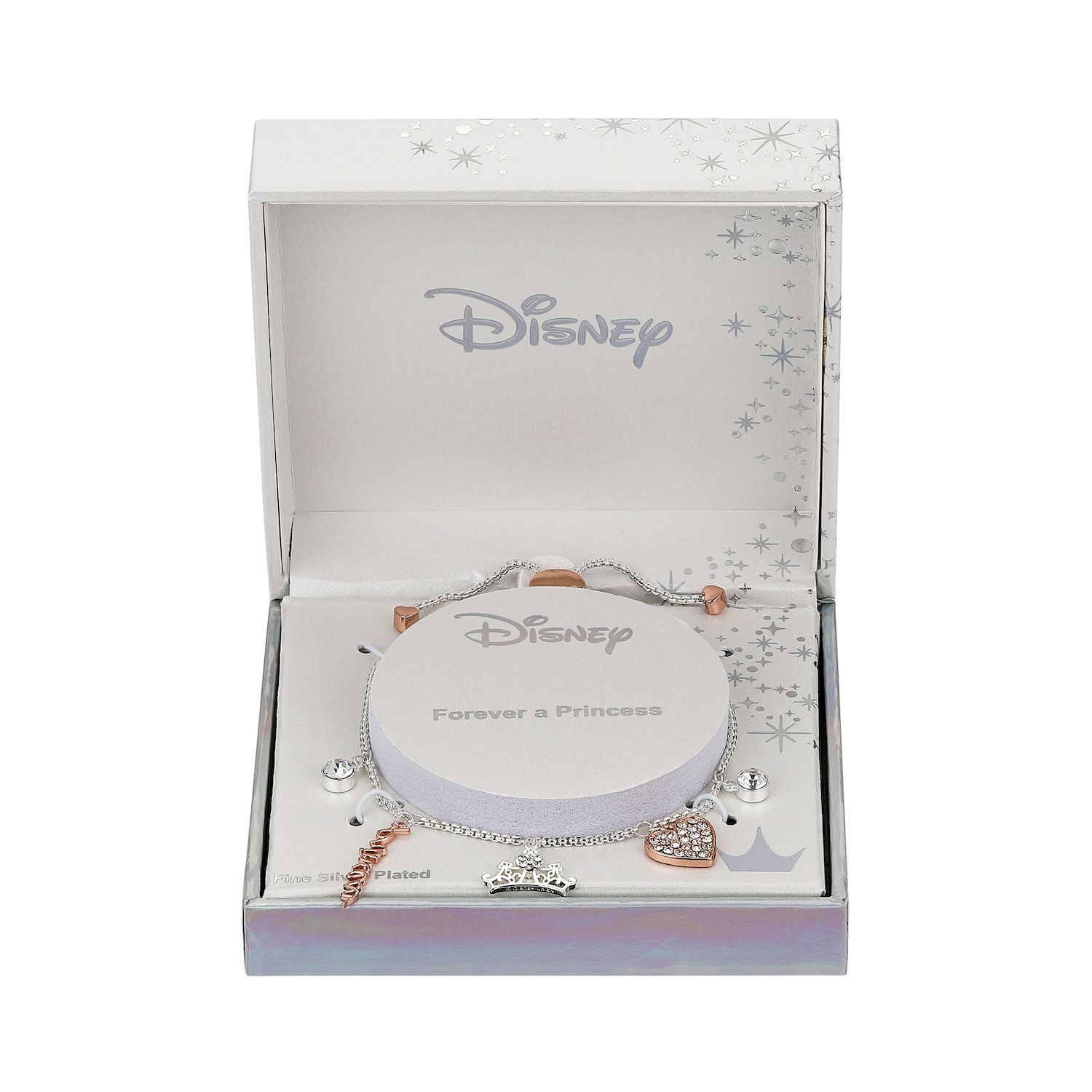 Princess Crown Charm With Rhinestones & Glitter Heart - Fits Pandora Style Bracelets (Pink)