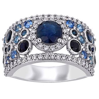Stella Grace 14k White Gold Blue Sapphire & 1/2 Carat T.W. Diamond Halo Cluster Ring