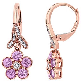 Stella Grace 14k Rose Gold Pink Sapphire & 1/7 Carat T.W. Diamond Flower Leverback Earrings