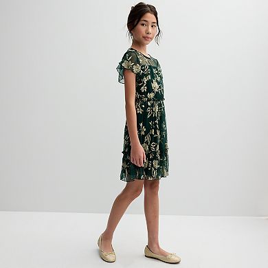 Girls 7-16 Speechless Floral Print Flutter Sleeve Mesh Accented Dress