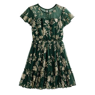Girls 7-16 Speechless Floral Print Flutter Sleeve Mesh Accented Dress