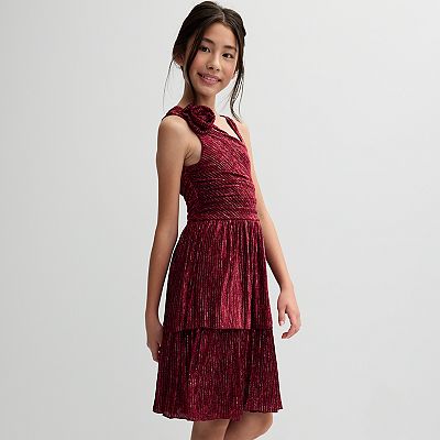 Girls 7 16 Speechless Shimmery Velvet Rose Accent Off Shoulder Dress