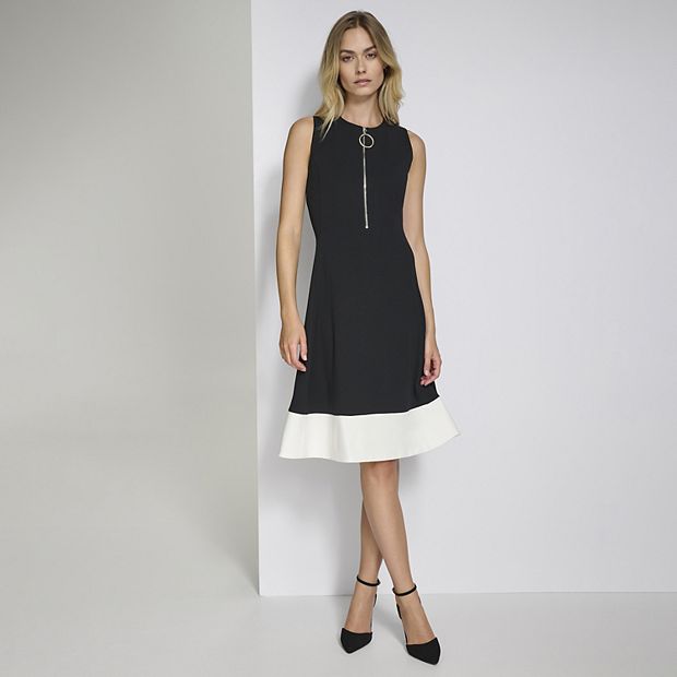 Women's Andrew Marc Sleeveless Zipper Neck Fit & Flare Dress, Size: 14, Navy Ivory