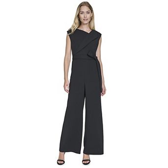 Women's Andrew Marc Sleeveless Asymmetrical Neck Tie Front Jumpsuit