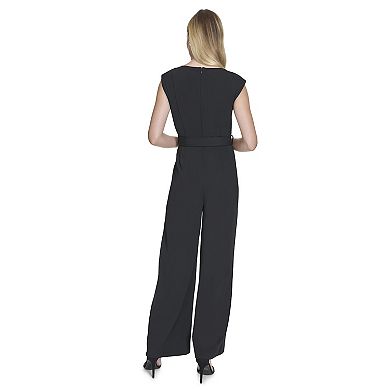 Women's Andrew Marc Sleeveless Asymmetrical Neck Tie Front Jumpsuit
