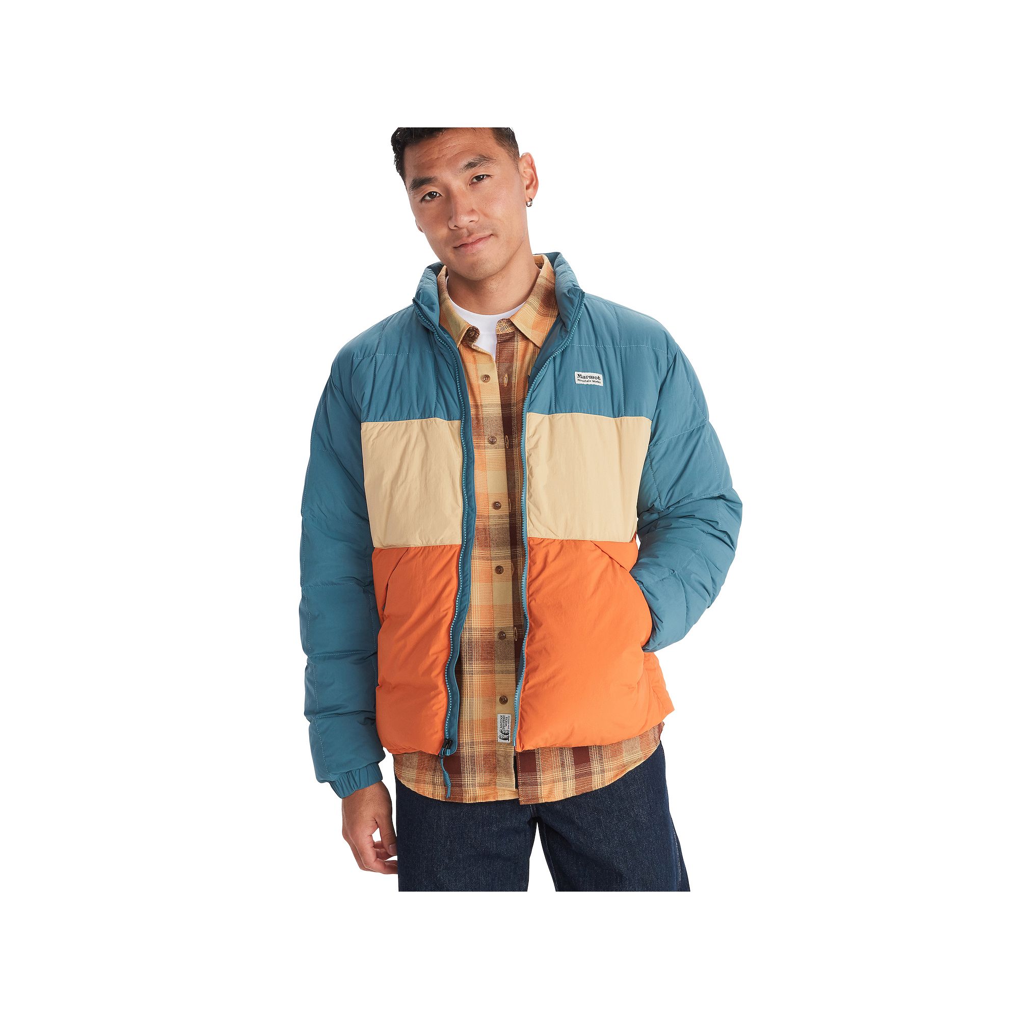 Mens Marmot Ares Colorblock Down Puffer Jacket, Size: Large, Moon River