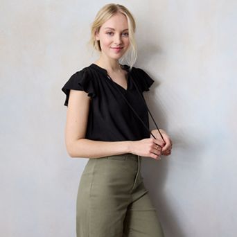 Women's LC Lauren Conrad Tie Front Ruffled V-Neck Shell