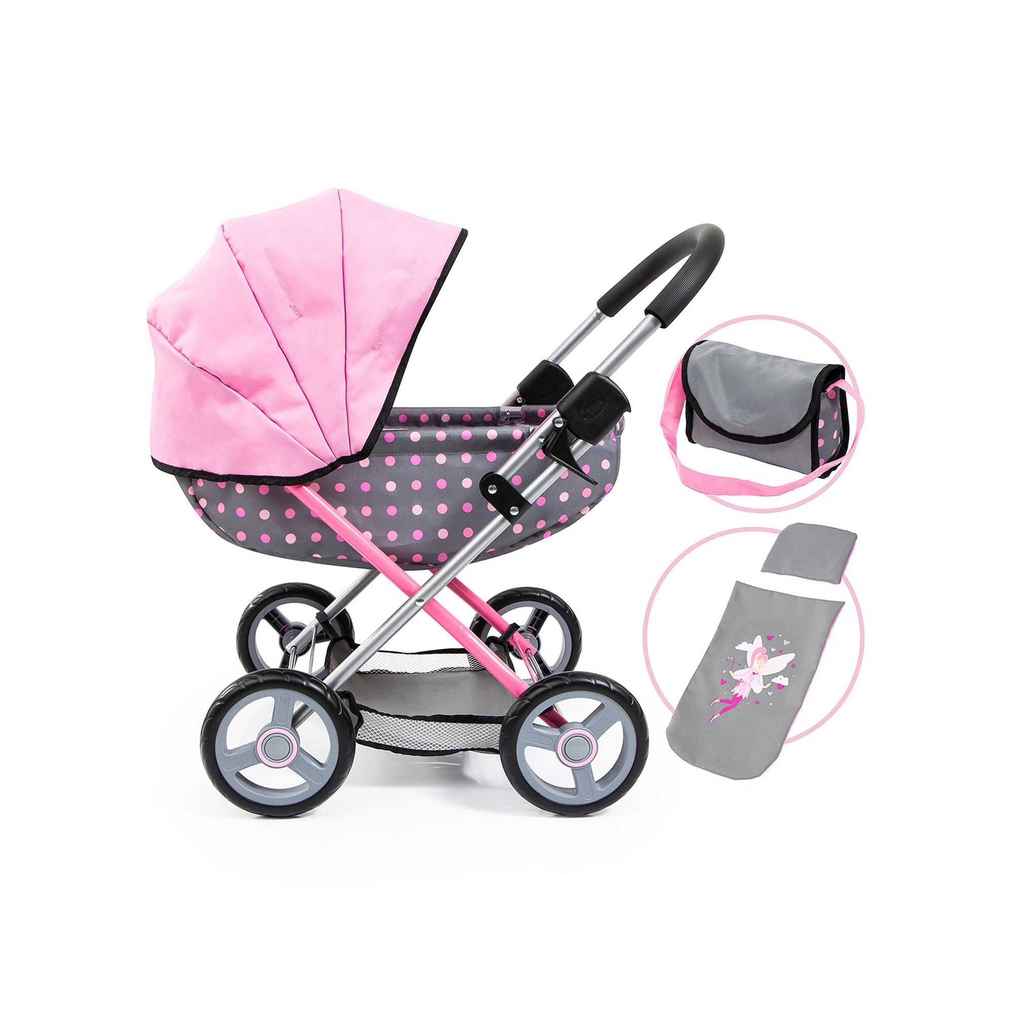 Bayer Design Dolls Pram Cosy - Fairy Poka Dot Grey Pink, Multi