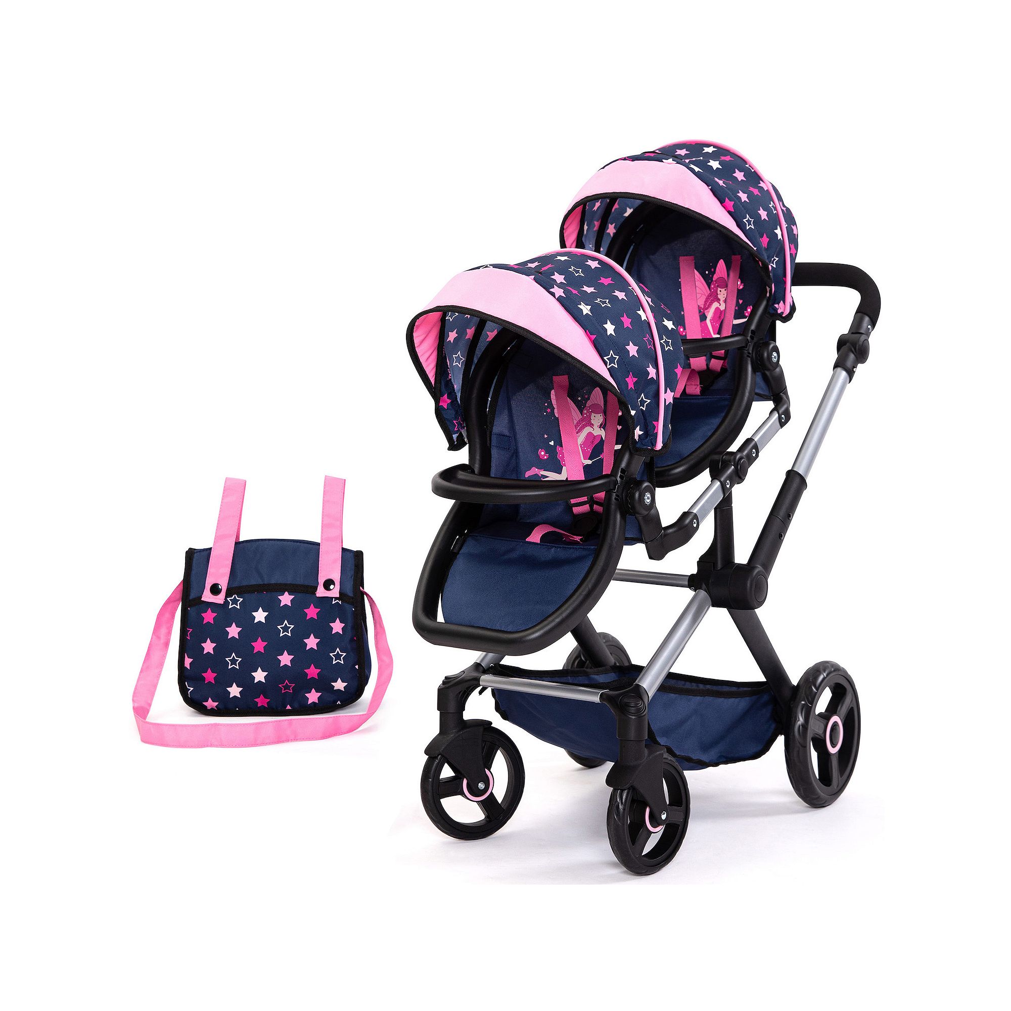 Bayer Design Dolls Xeo Twin Pram - Stars Navy & Pink, Multi