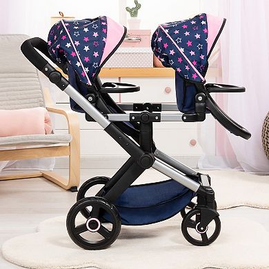 Bayer Design Dolls Xeo Twin Pram - Stars Navy & Pink