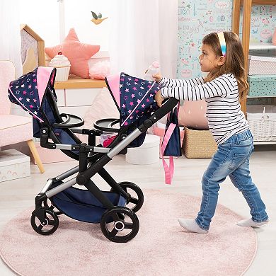 Bayer Design Dolls Xeo Twin Pram - Stars Navy & Pink