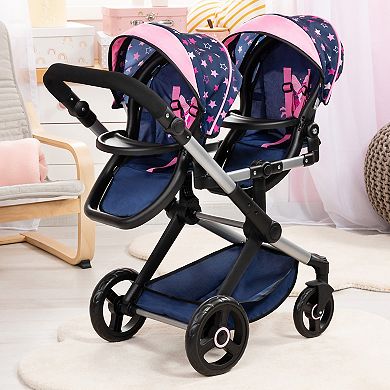 Bayer Design Dolls Xeo Twin Pram - Stars Navy & Pink