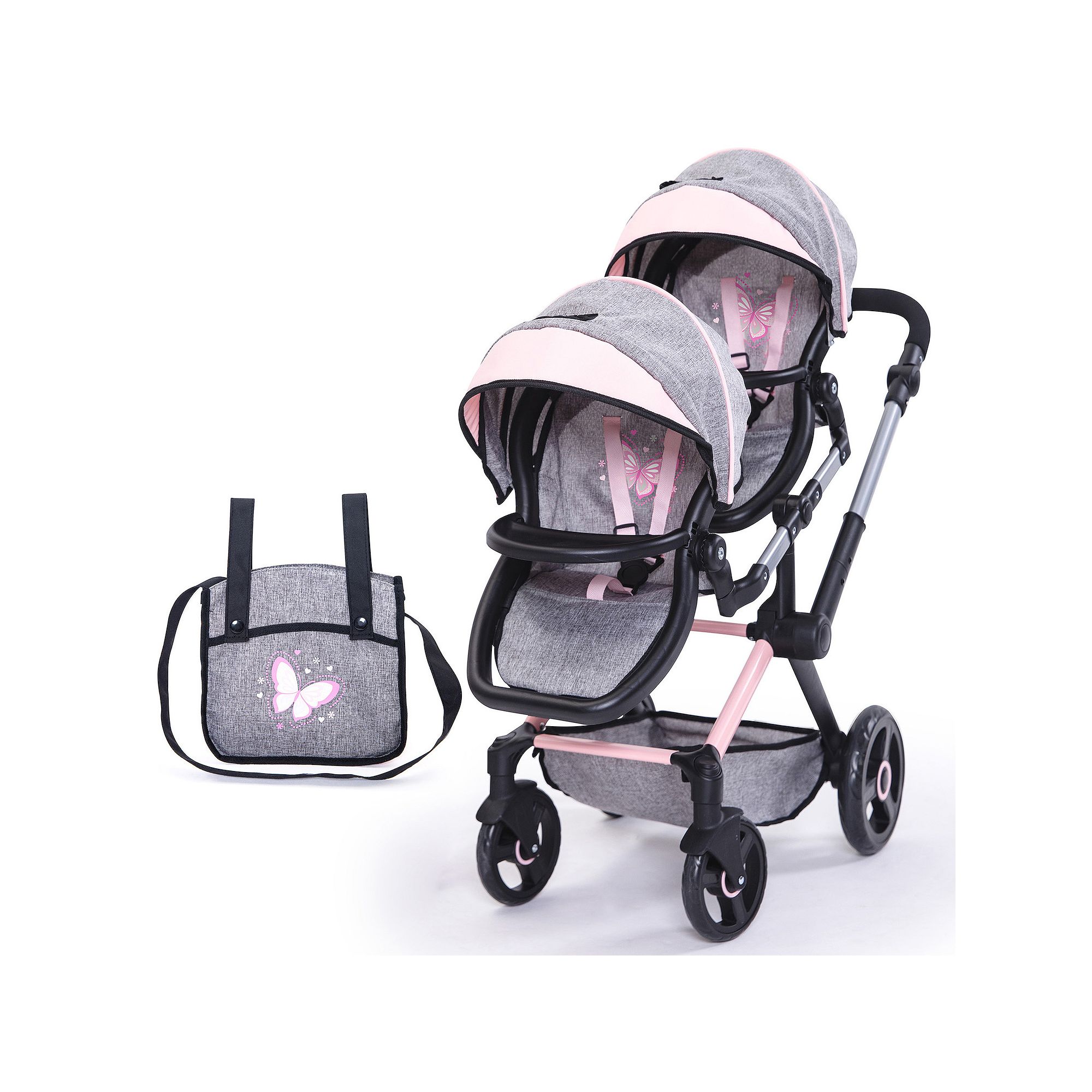 Bayer Design Dolls Xeo Twin Pram - Butterfly Grey & Pink, Multi