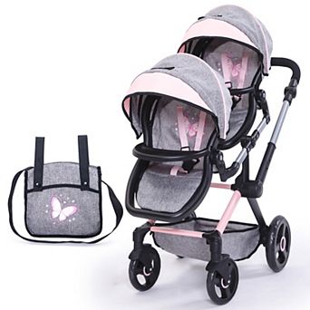 Bayer Design Dolls Xeo Twin Pram - Butterfly Grey & Pink