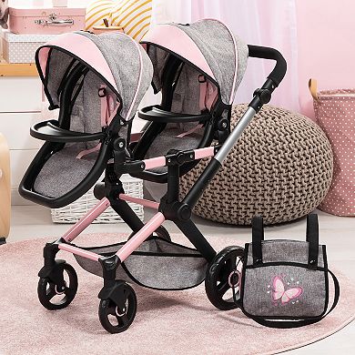 Bayer Design Dolls Xeo Twin Pram - Butterfly Grey & Pink