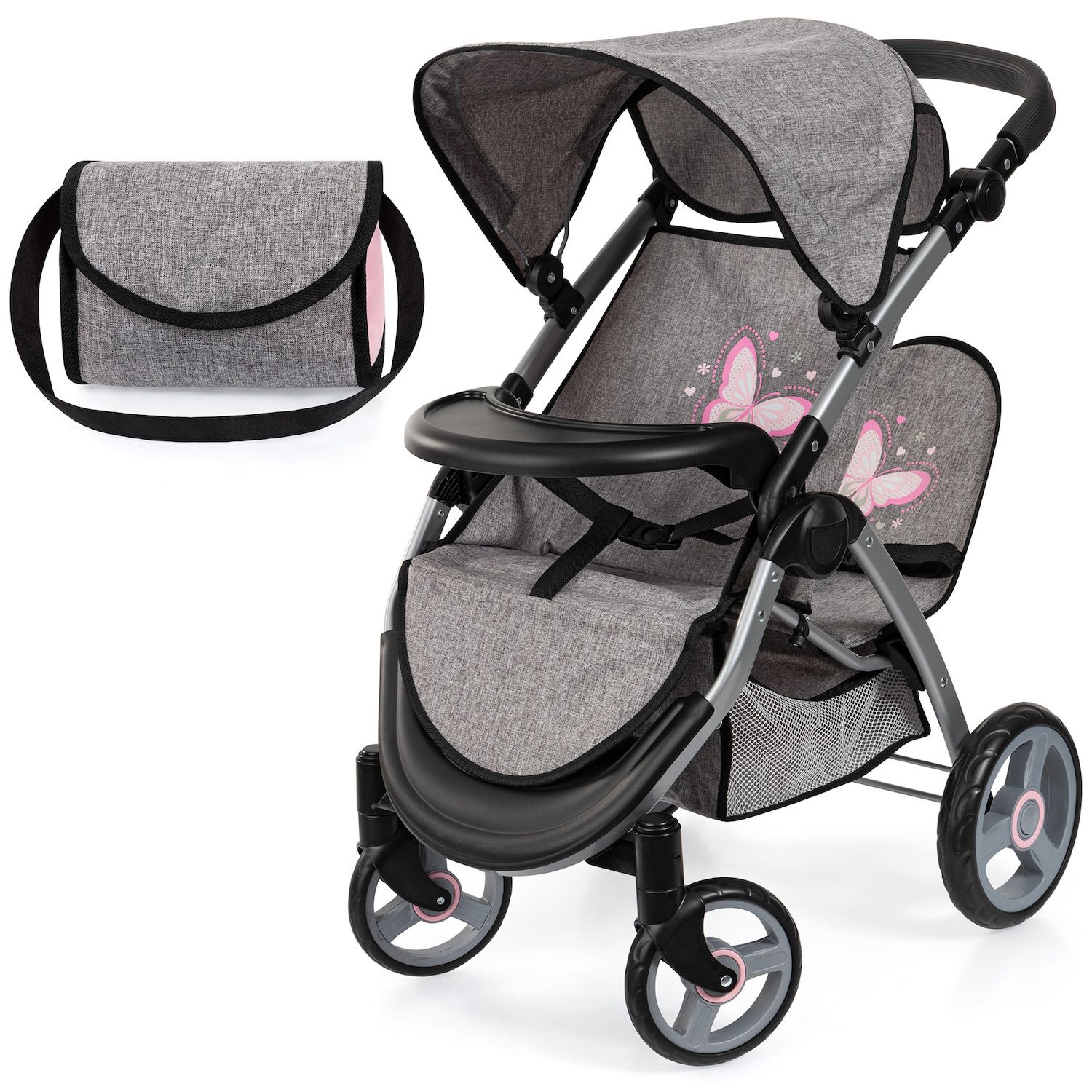 Детские аксессуары для кукол Bayer Design Dolls Twin Star Stroller - Grey, Pink, Butterfly