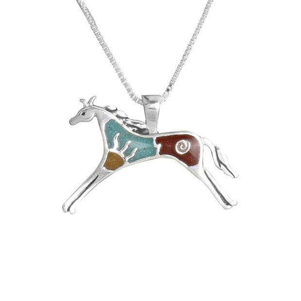 Southwest Spirit Sterling Silver Turquoise and Jasper Inlay Horse Pendant Necklace