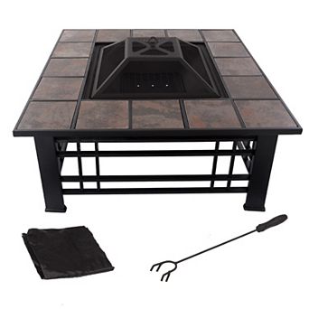 Pure Garden 32 in Outdoor Firepit Table with Screen, Cover & Poker
