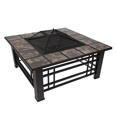 Pure Garden 32-in. Outdoor Firepit Table with Screen, Cover & Poker