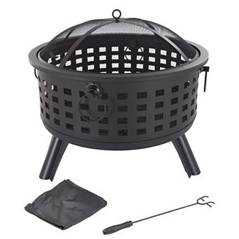 Pure Garden 26 in Round Outdoor Fire Pit with Screen, Poker & Cover