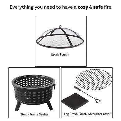 Pure Garden 26-in. Round Outdoor Fire Pit with Screen, Poker & Cover