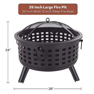 Pure Garden 26-in. Round Outdoor Fire Pit with Screen, Poker & Cover