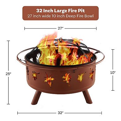 Pure Garden 32-in. Round Outdoor Fire Pit with Screen, Poker & Cover