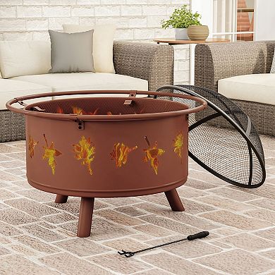 Pure Garden 32-in. Round Outdoor Fire Pit with Screen, Poker & Cover