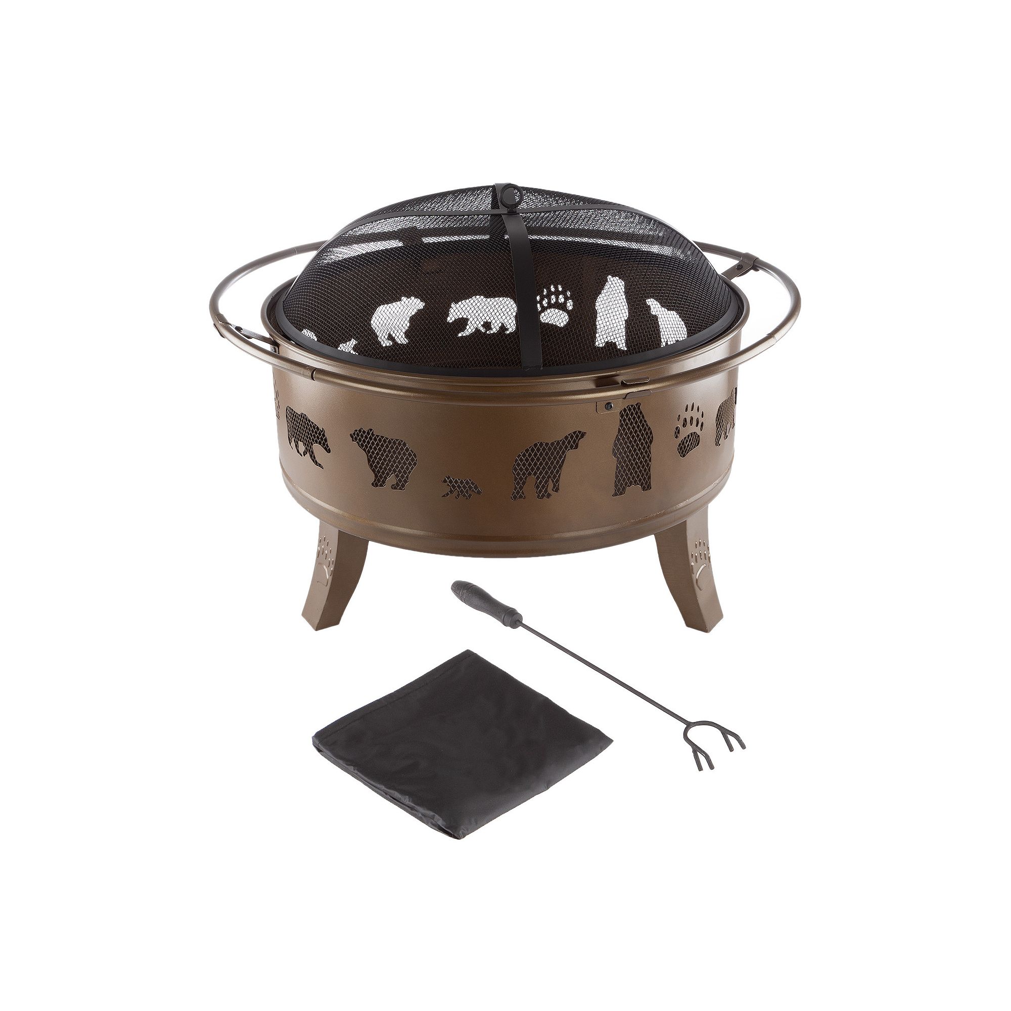 Pure Garden 32-in. Round Outdoor Fire Pit with Screen, Poker & Cover, Gold