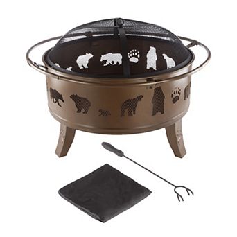 Pure Garden 32 in Round Outdoor Fire Pit with Screen, Poker & Cover