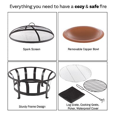 Pure Garden 30-in. Outdoor Fire Pit with Screen, Poker and Grate