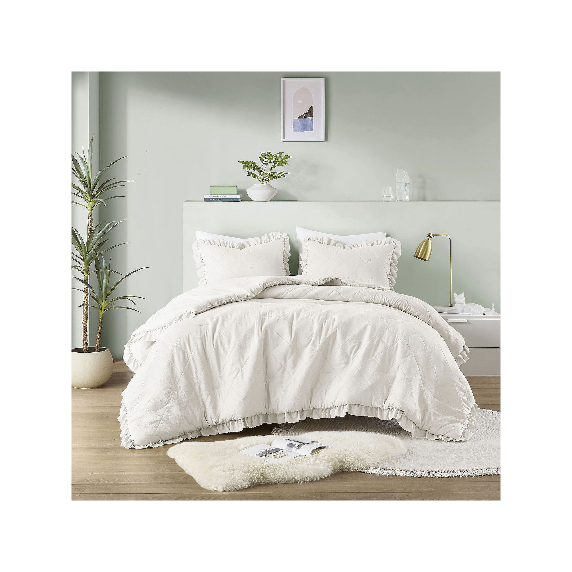 510 Design Phoebe Diamond Quilted Ruffle Edge Comforter Set, Ivory