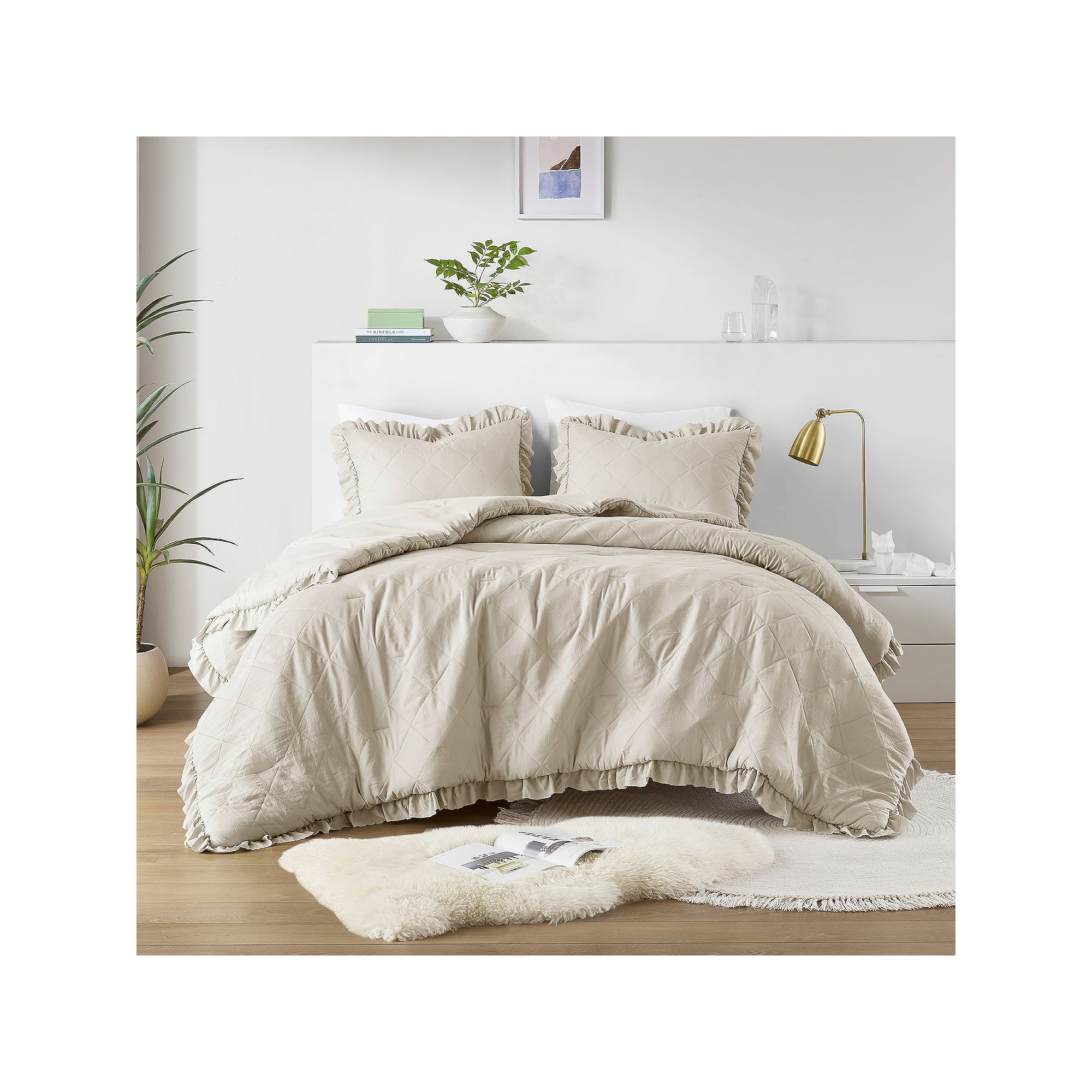 510 Design Phoebe Diamond Quilted Ruffle Edge Comforter Set, Natural
