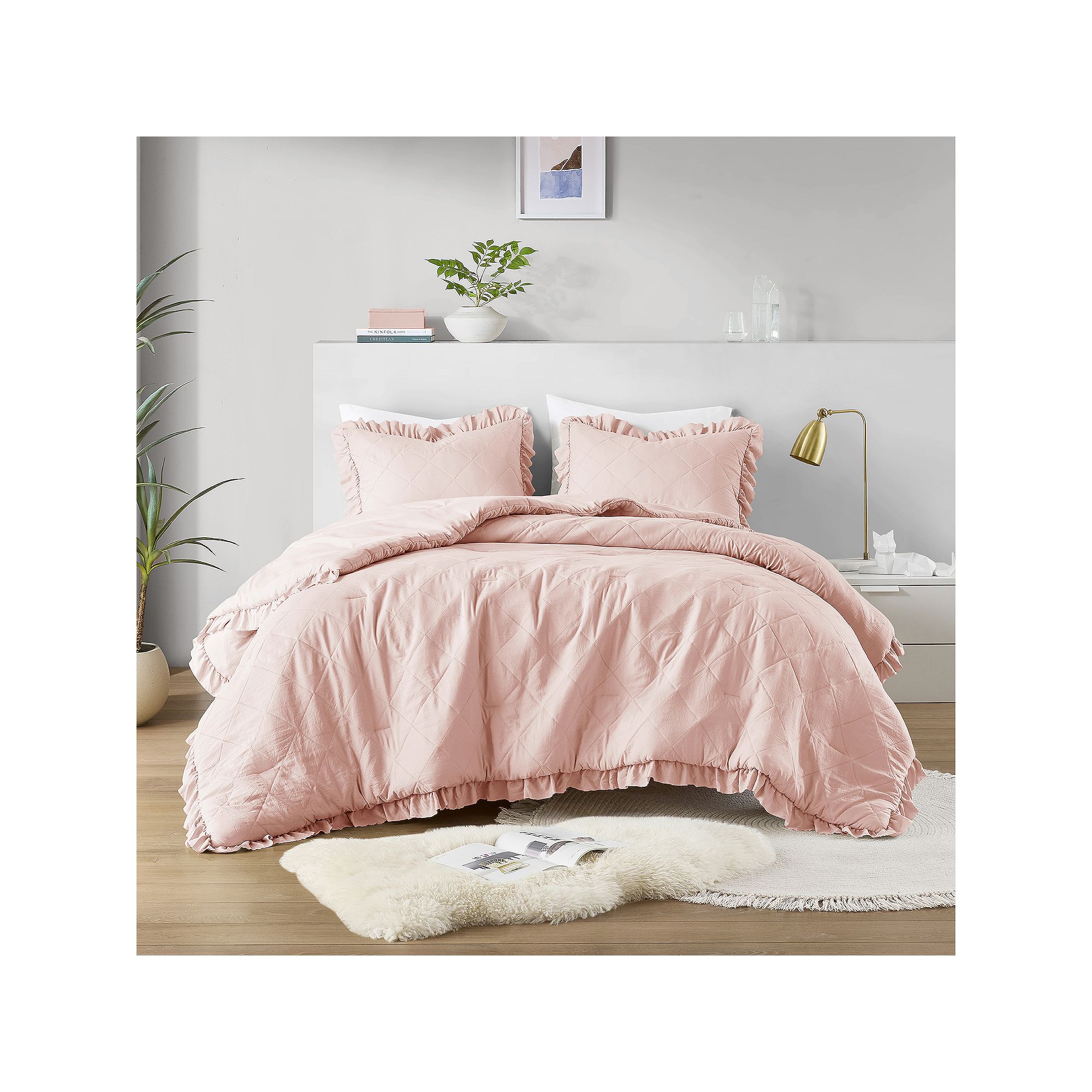 510 Design Phoebe Diamond Quilted Ruffle Edge Comforter Set, Pink