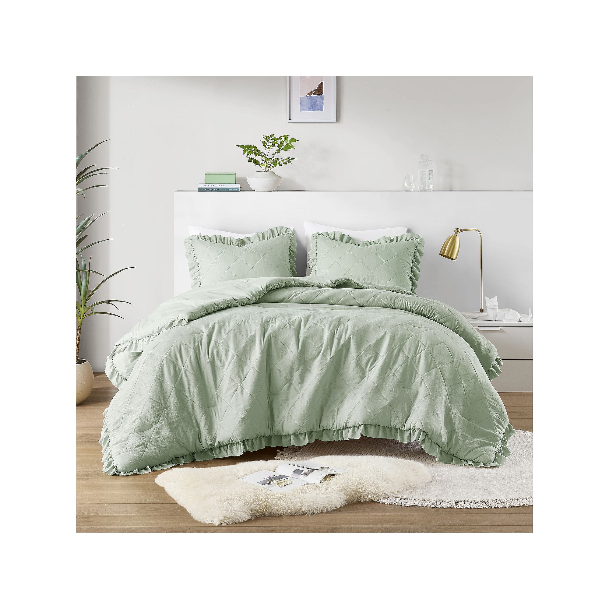 510 Design Phoebe Diamond Quilted Ruffle Edge Comforter Set, Green